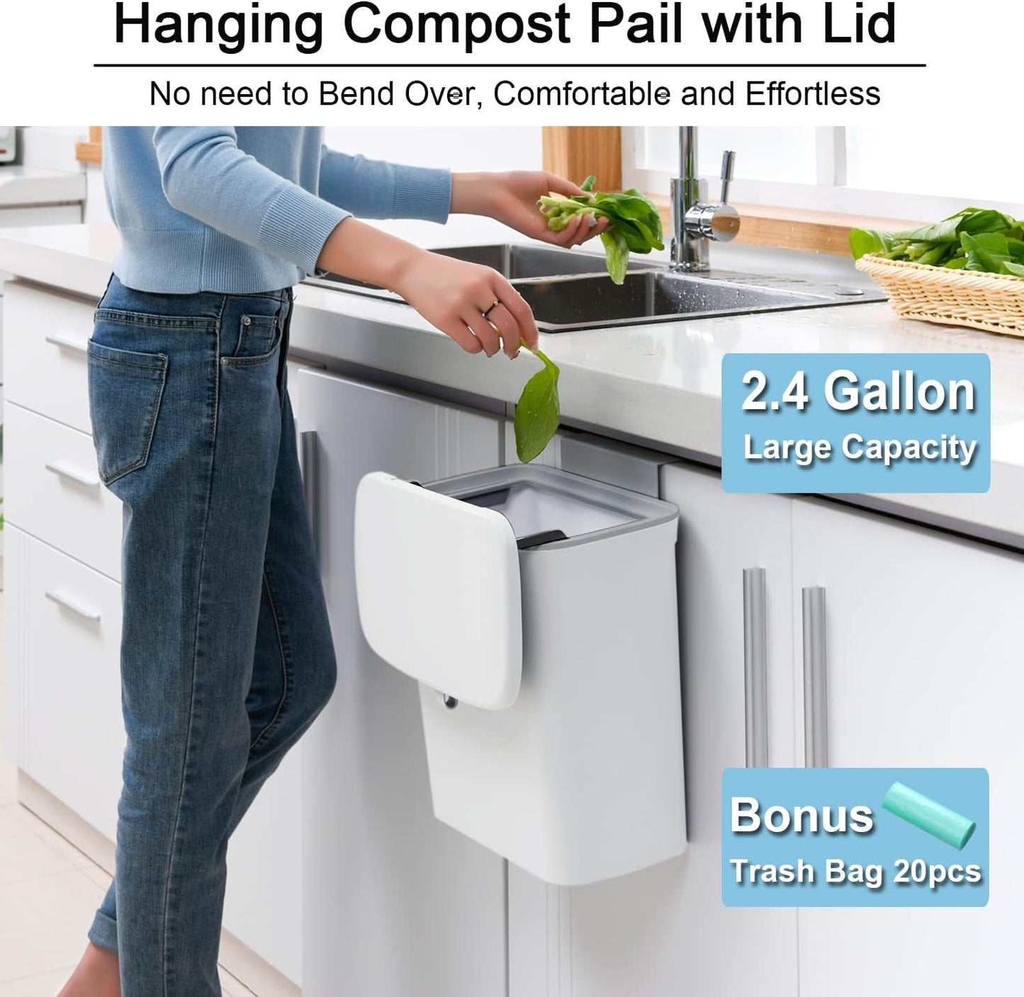 Kitchen Compost Bin, 2.4 Gallon Countertop Food Waste Caddy with Odor-Sealing Lid, No Filters Needed, Under Sink