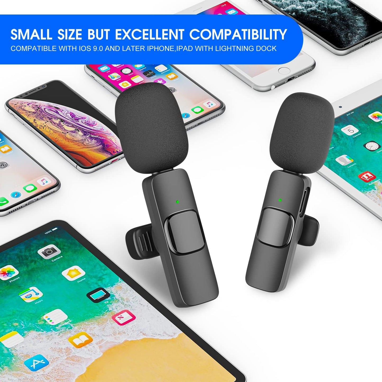 Wireless Lavalier Microphone for iPhone and iPad, 2 Pack Clip-On Lapel Mic with Noise Reduction for Vlogging & Podcasting