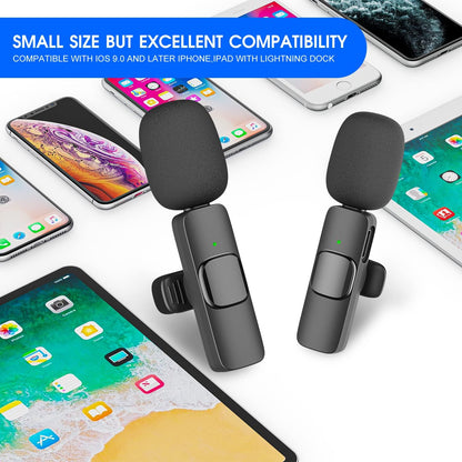 Wireless Lavalier Microphone for iPhone and iPad, 2 Pack Clip-On Lapel Mic with Noise Reduction for Vlogging & Podcasting