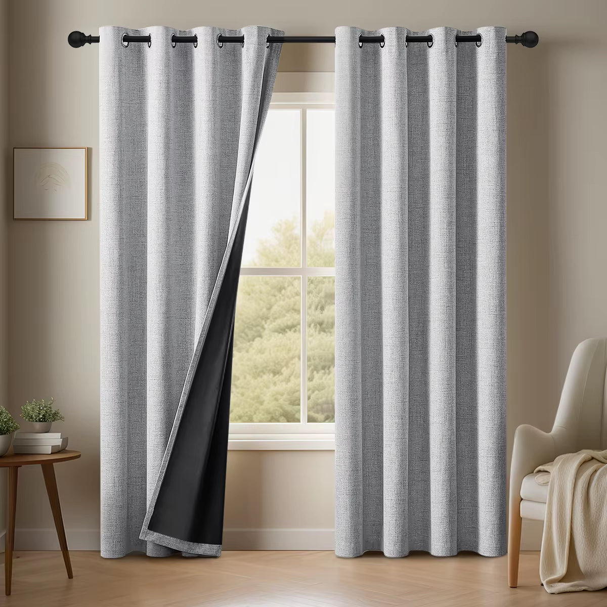 Light grey linen-look blackout curtains