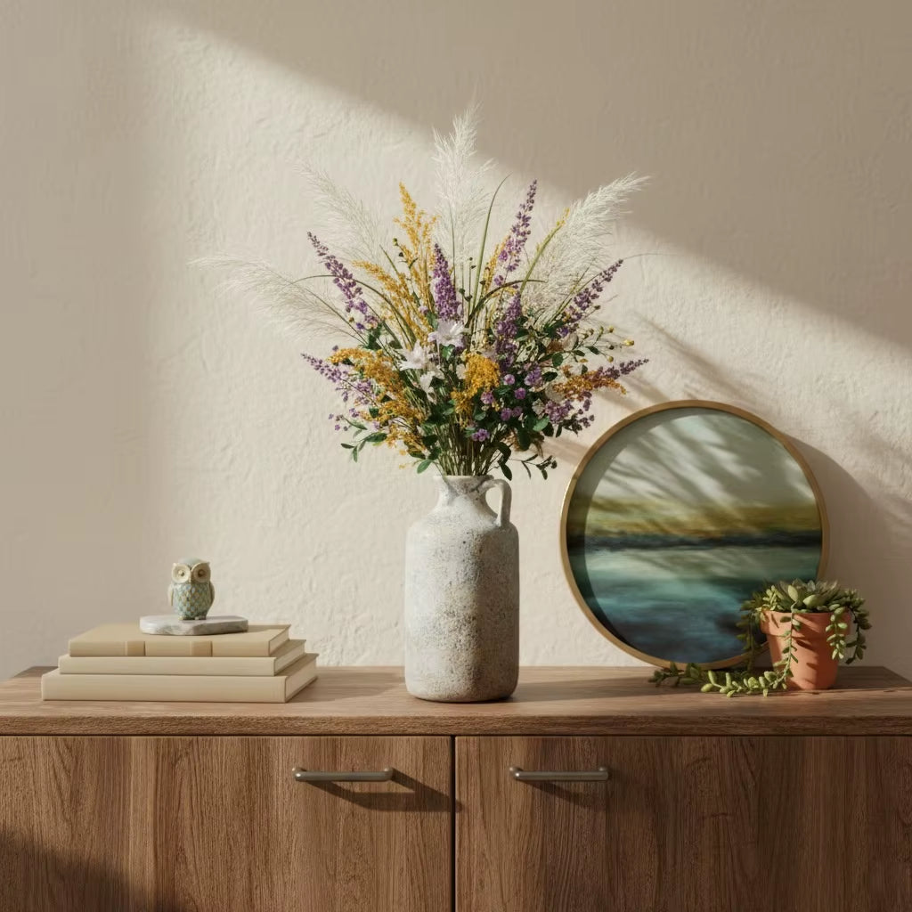 Tall ceramic jug vase with dried flowers on a wood sideboard.