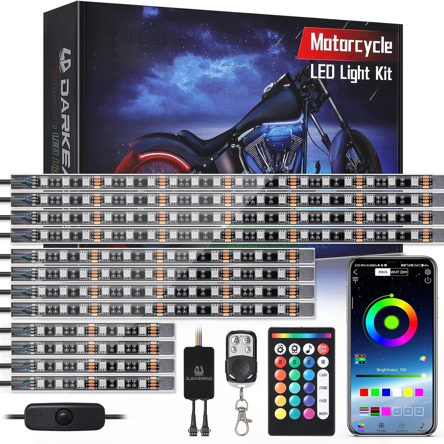 Motorcycle LED Light Kit, 12-Piece 144 LED RGB Strips with App and Remote Control, Brake and Turn Signal, IP68 Waterproof