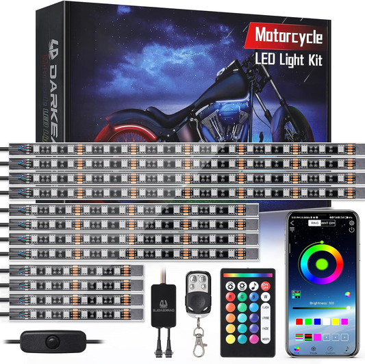 Motorcycle LED Light Kit, 12-Piece RGB Strips with App and Remote Control, Brake and Turn Signal