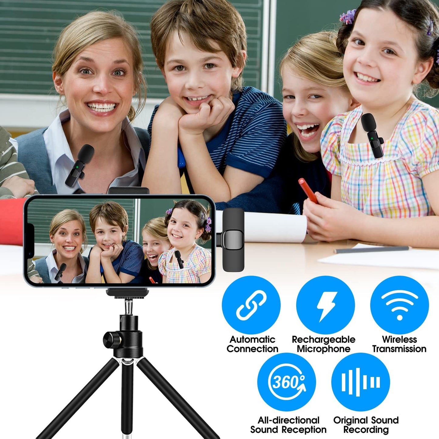 Wireless Lavalier Microphone for iPhone and iPad, 2 Pack Clip-On Lapel Mic with Noise Reduction for Vlogging & Podcasting