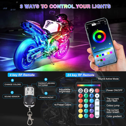 Motorcycle LED Light Kit, 12-Piece 144 LED RGB Strips with App and Remote Control, Brake and Turn Signal, IP68 Waterproof