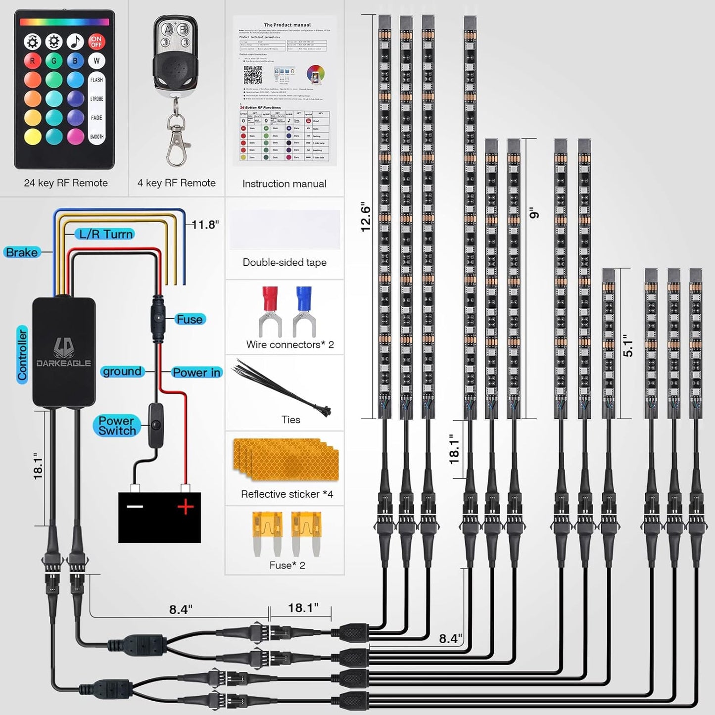 Motorcycle LED Light Kit, 12-Piece 144 LED RGB Strips with App and Remote Control, Brake and Turn Signal, IP68 Waterproof