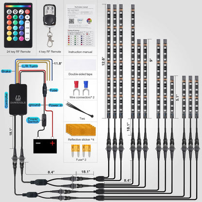 Motorcycle LED Light Kit, 12-Piece 144 LED RGB Strips with App and Remote Control, Brake and Turn Signal, IP68 Waterproof