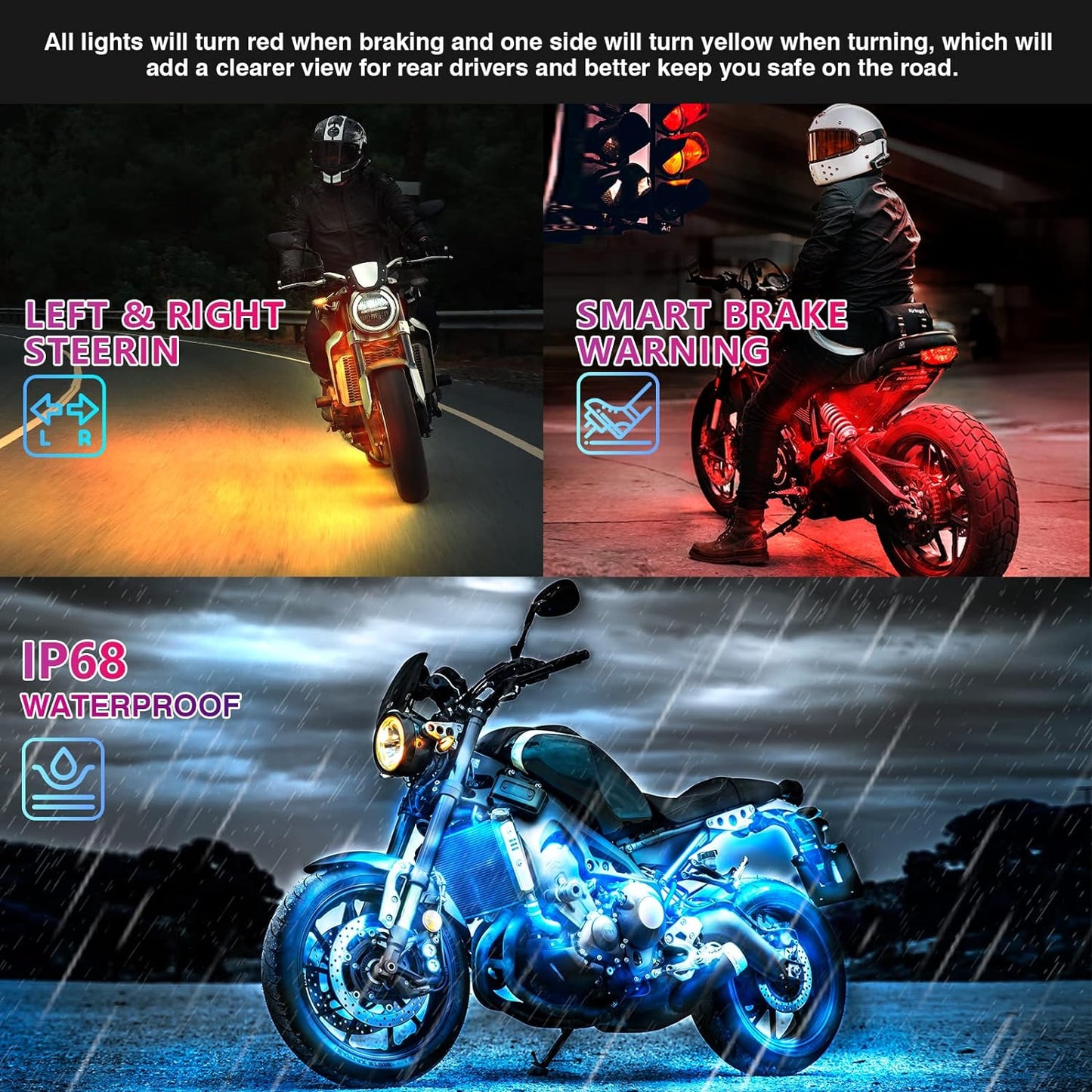 Motorcycle LED Light Kit, 12-Piece 144 LED RGB Strips with App and Remote Control, Brake and Turn Signal, IP68 Waterproof