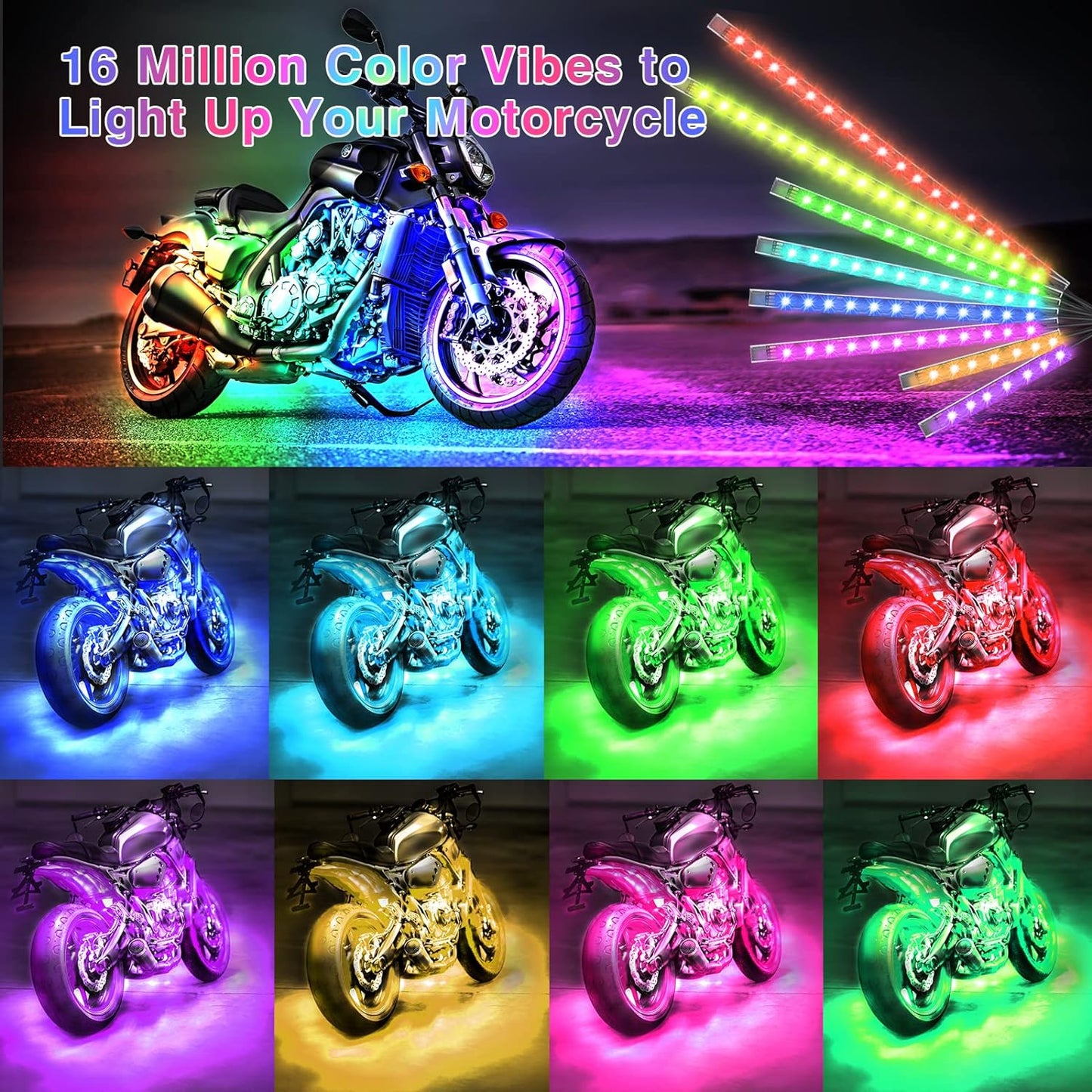 Motorcycle LED Light Kit, 12-Piece 144 LED RGB Strips with App and Remote Control, Brake and Turn Signal, IP68 Waterproof