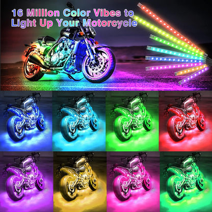 Motorcycle LED Light Kit, 12-Piece 144 LED RGB Strips with App and Remote Control, Brake and Turn Signal, IP68 Waterproof
