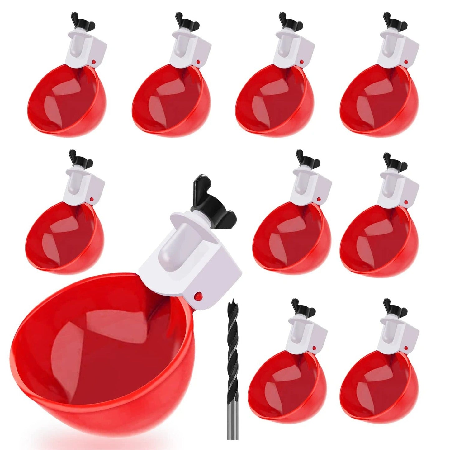 Automatic Chicken Waterer Cups, 10 Pack Poultry Water Cups with Drill Bit, Gravity-Fed No-Drip Drinker for Chickens, Ducks & Quail