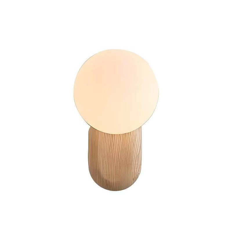 White glass globe wall sconce on a light wood base, front view on a white background.