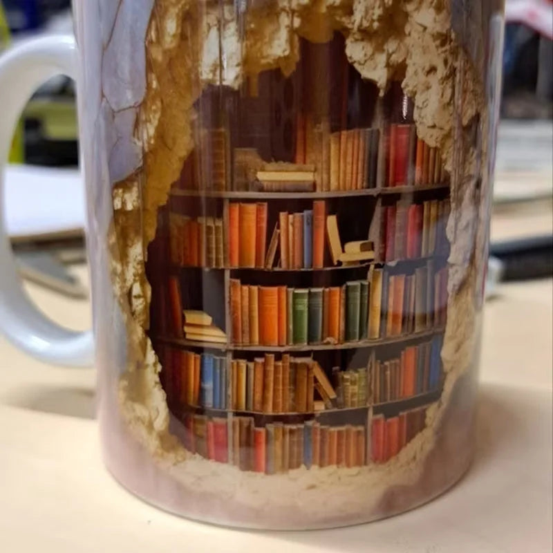 3D Bookshelf Coffee Mug, Ceramic Book Lover Mug for Office and Home, Microwave Safe Reader Gift, 3 Styles