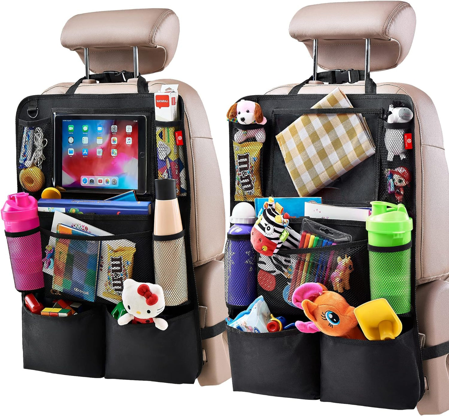 Car Backseat Organizer, 2 Pack Back Seat Storage with 9 Pockets and Tablet Holder, Kick Mat Protector for Kids & Travel