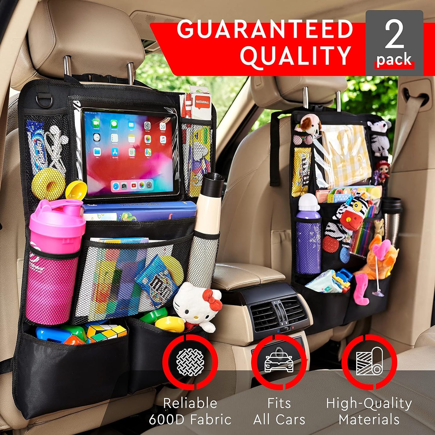Car Backseat Organizer, 2 Pack Back Seat Storage with 9 Pockets and Tablet Holder, Kick Mat Protector for Kids & Travel