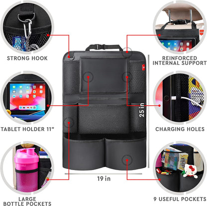 Car Backseat Organizer, 2 Pack Back Seat Storage with 9 Pockets and Tablet Holder, Kick Mat Protector for Kids & Travel