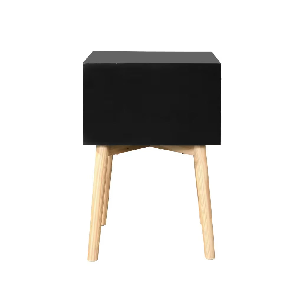 Back of the black two-drawer nightstand