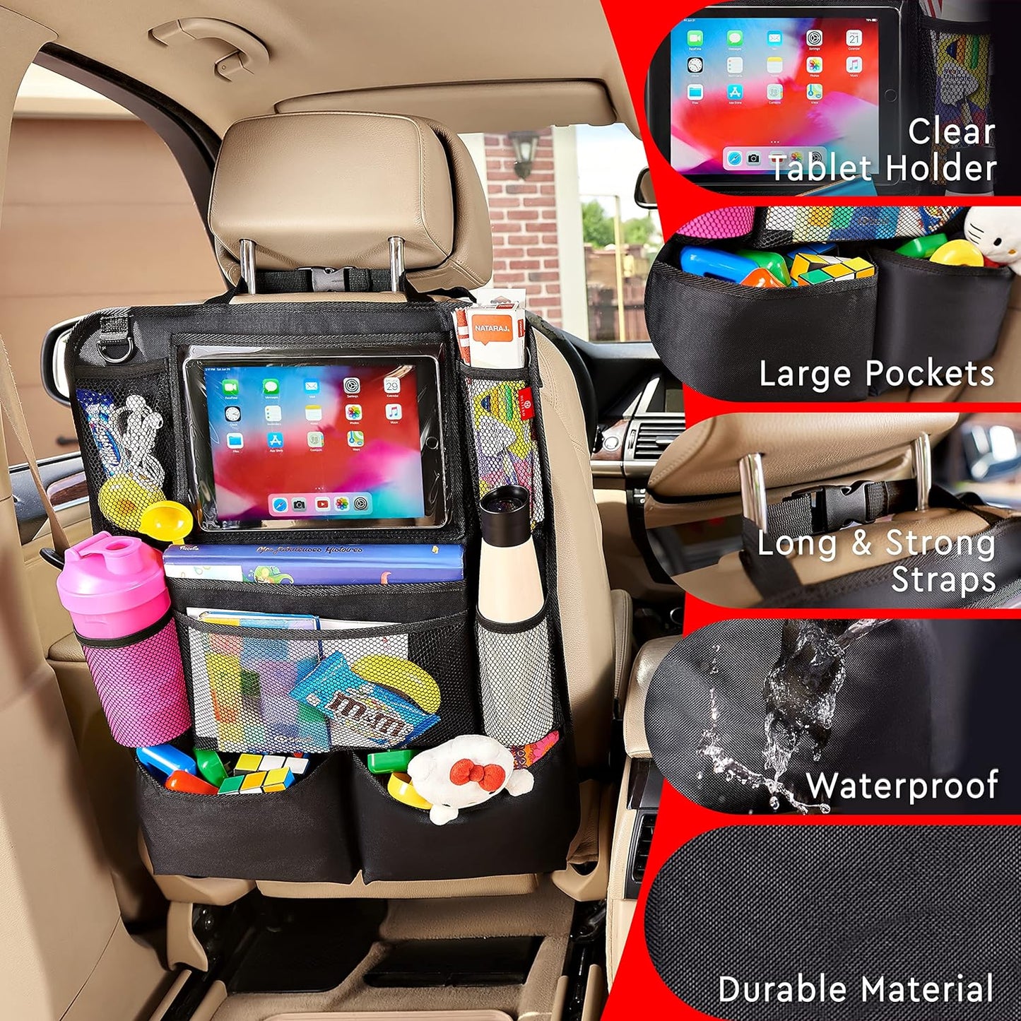 Car Backseat Organizer, 2 Pack Back Seat Storage with 9 Pockets and Tablet Holder, Kick Mat Protector for Kids & Travel