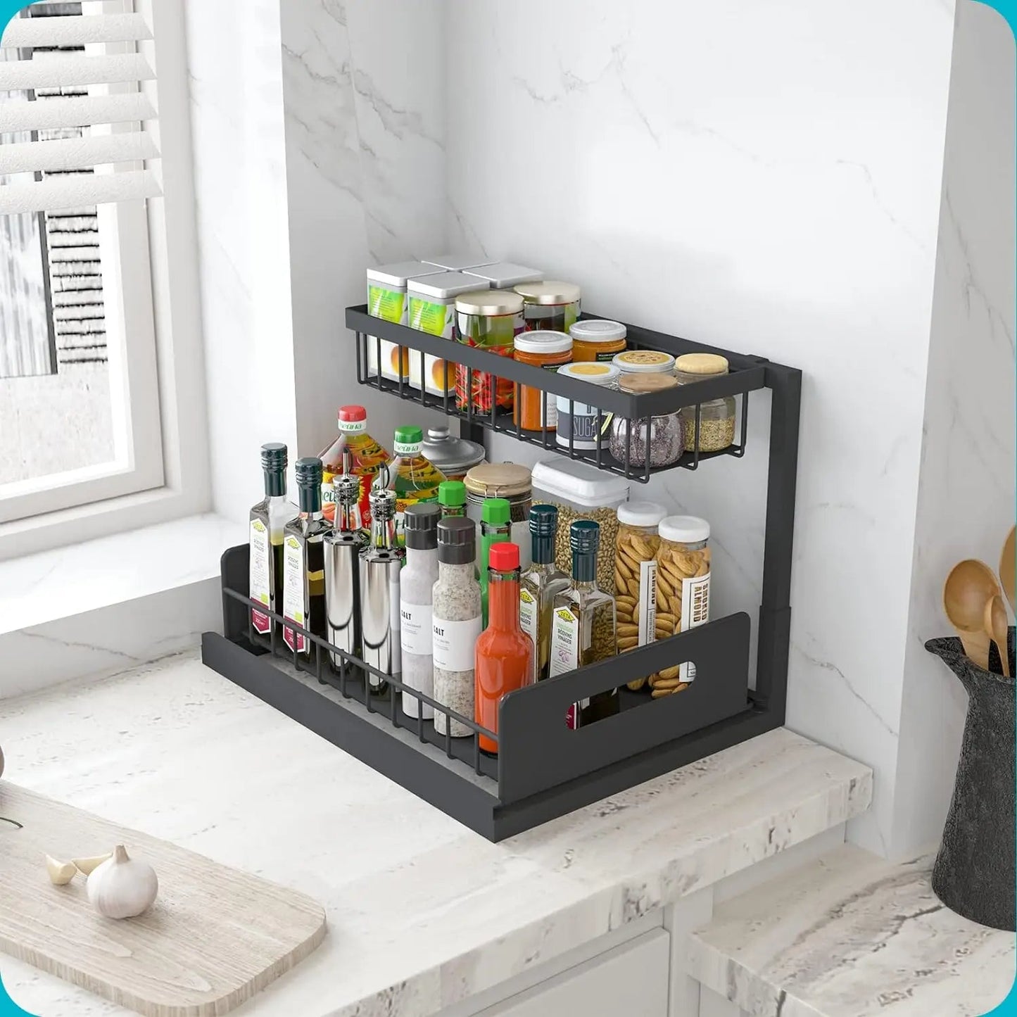 2-Tier Slide-Out Under Sink Organizer, L-Shaped Pull-Out Cabinet Storage Rack for Kitchen and Bathroom, Tool-Free