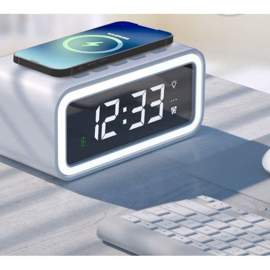 2-in-1 Alarm Clock with Wireless Charger, Digital LED Bedside Clock with Qi-Compatible Charging Pad and Adjustable Brightness