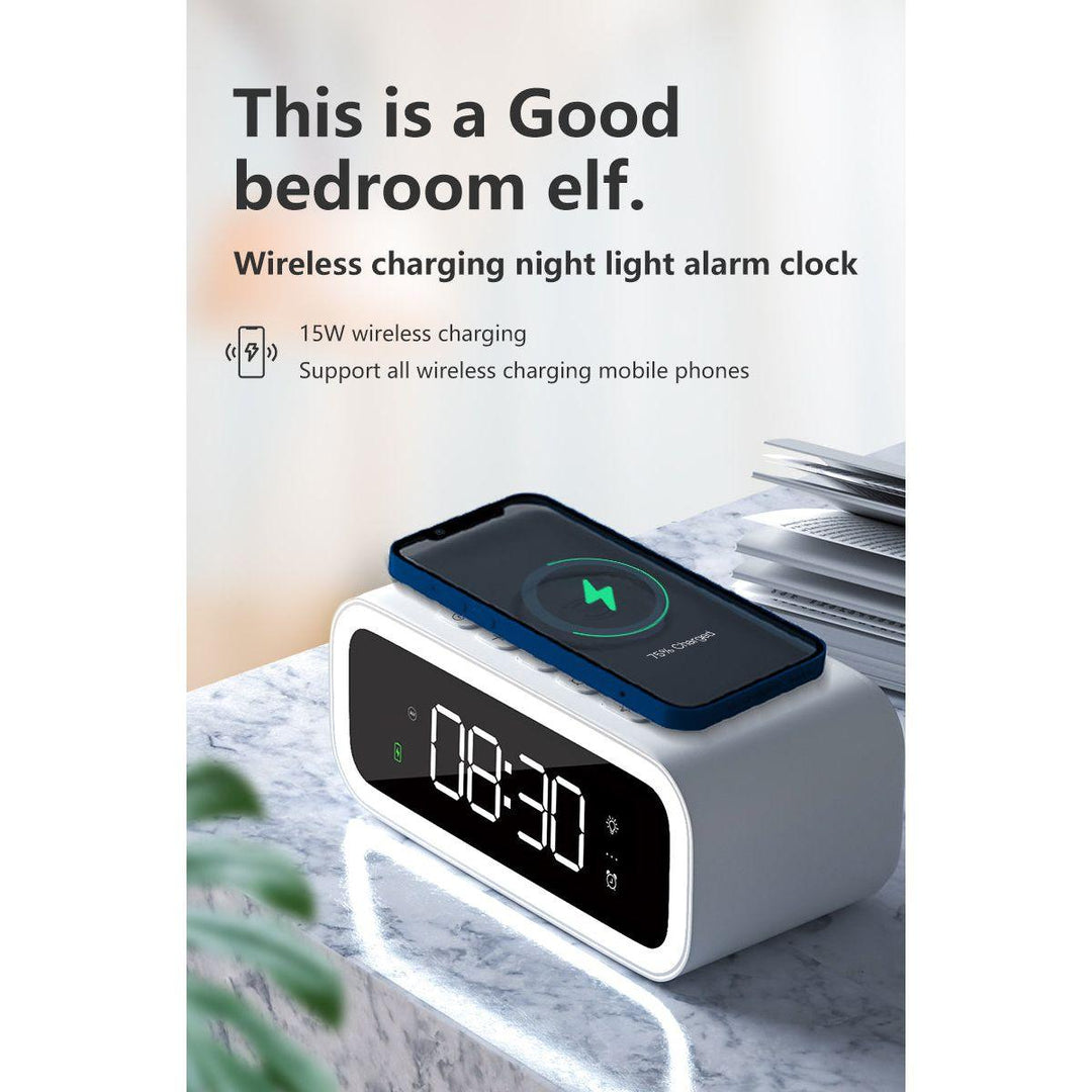 2-in-1 Alarm Clock with Wireless Charger, Digital LED Bedside Clock with Qi Fast Charging Pad and Adjustable Brightness