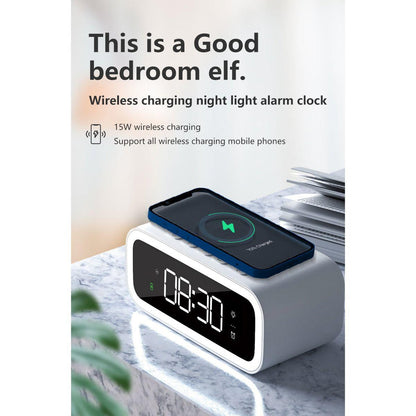 2-in-1 Alarm Clock with Wireless Charger, Digital LED Bedside Clock with Qi Fast Charging Pad and Adjustable Brightness