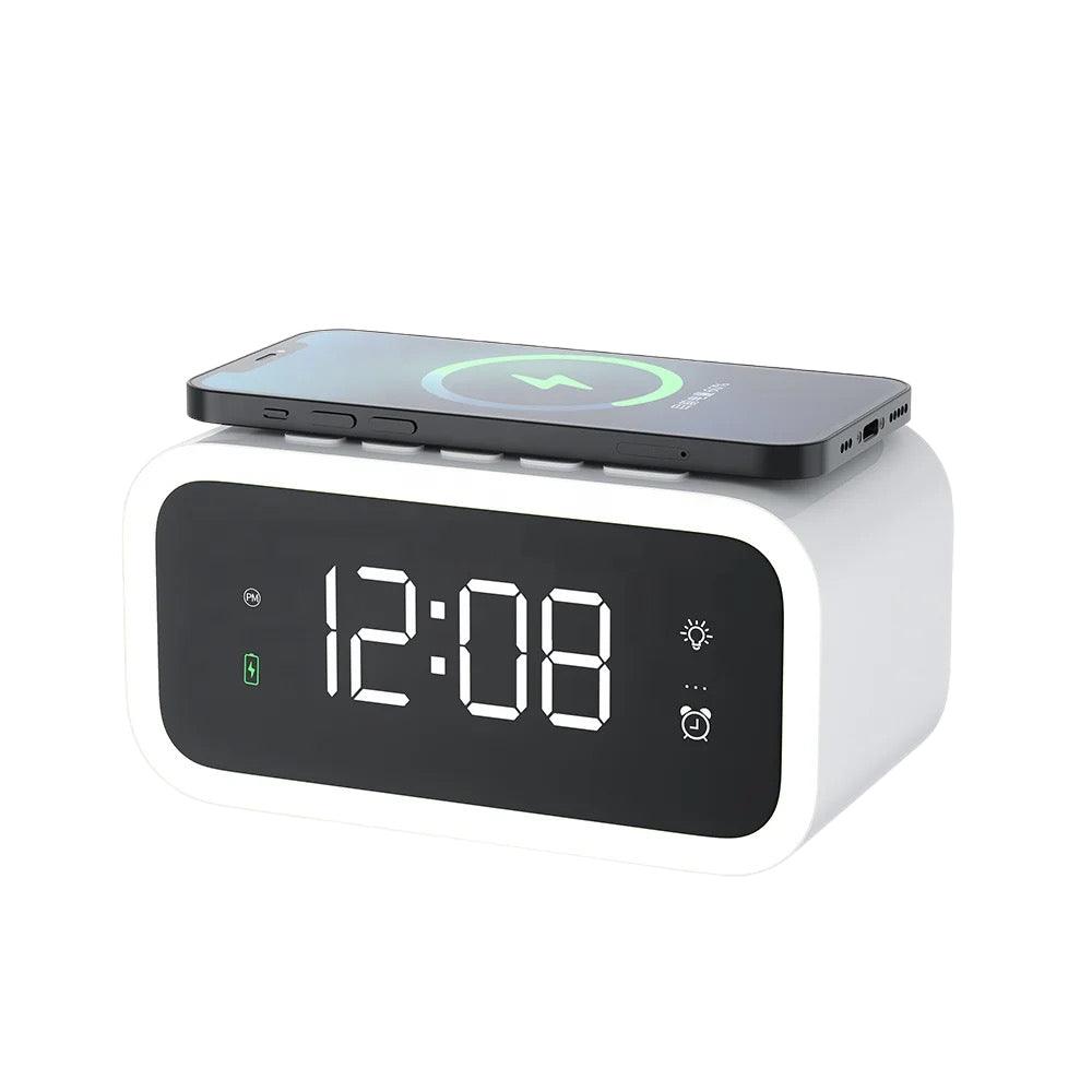 2-in-1 Alarm Clock with Wireless Charger, Digital LED Bedside Clock with Qi Fast Charging Pad and Adjustable Brightness