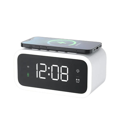 2-in-1 Alarm Clock with Wireless Charger, Digital LED Bedside Clock with Qi Fast Charging Pad and Adjustable Brightness