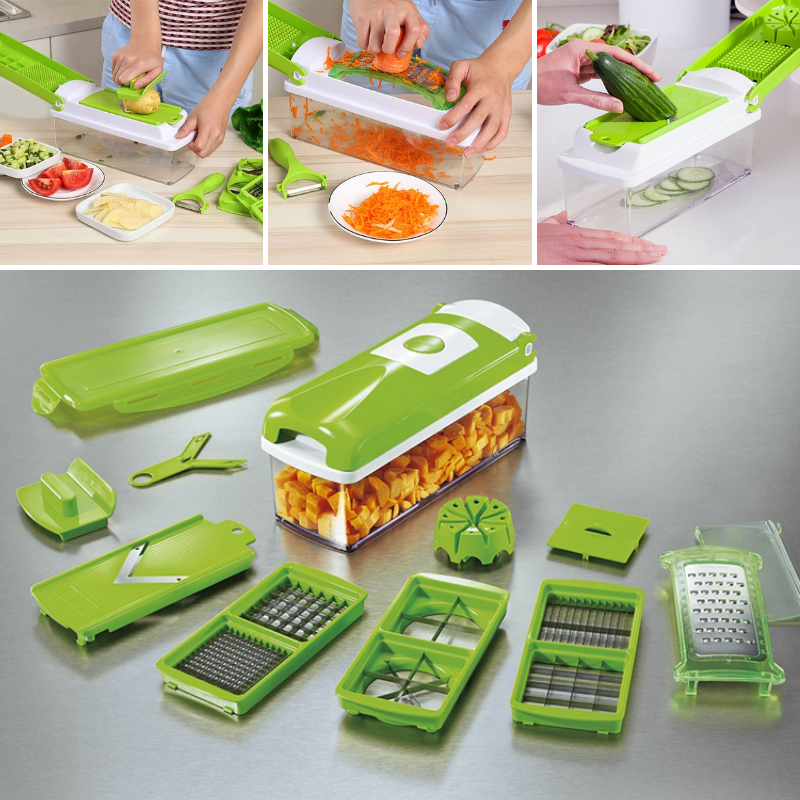 12-in-1 Multifunctional Vegetable Cutter, Mandoline Slicer, Grater and Chopper Set with Interchangeable Blades and Hand Guard