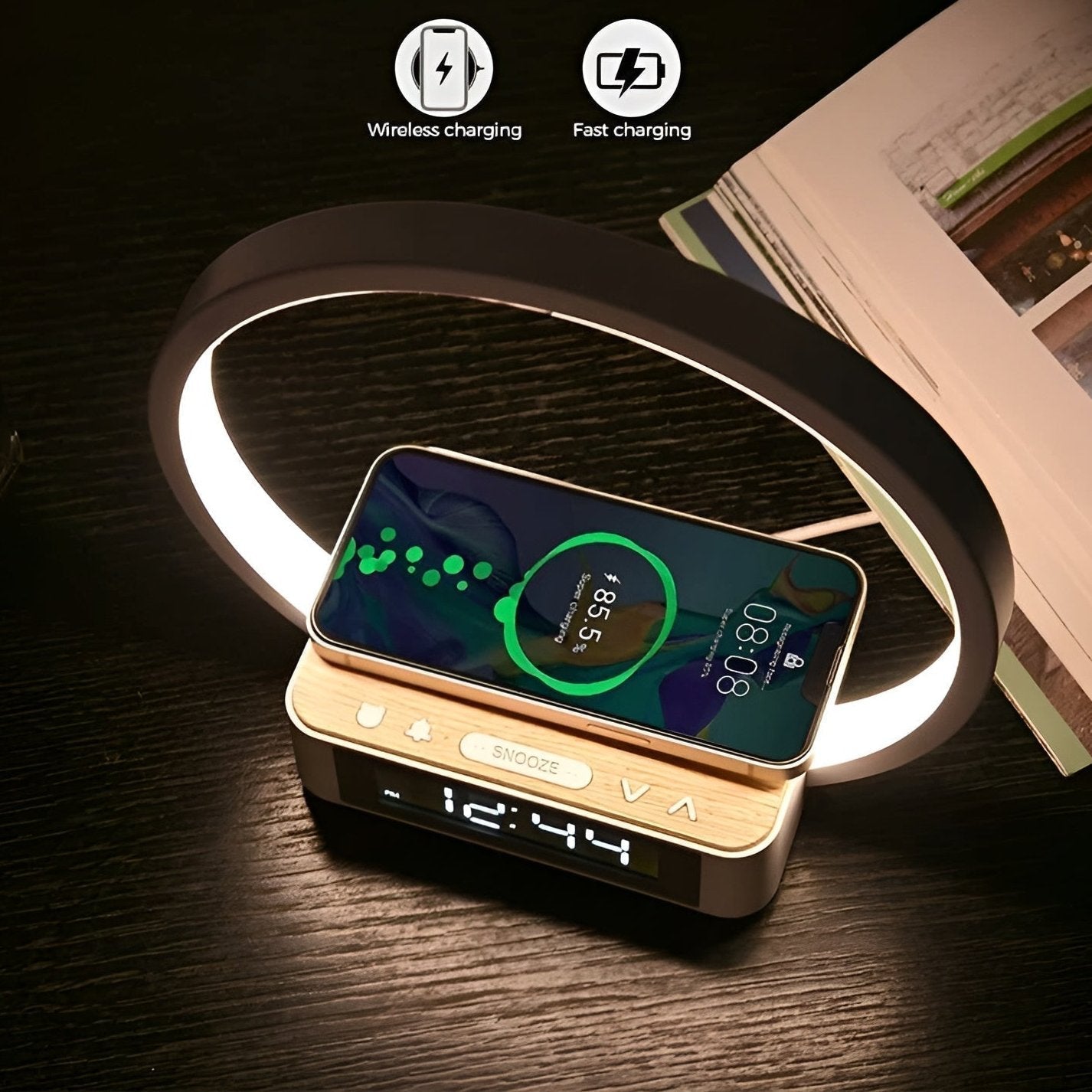 Wireless Charging Table Lamp, 3-in-1 Touch Bedside LED Lamp with Qi Wireless Charger and Alarm Clock for Desk & Nightstand