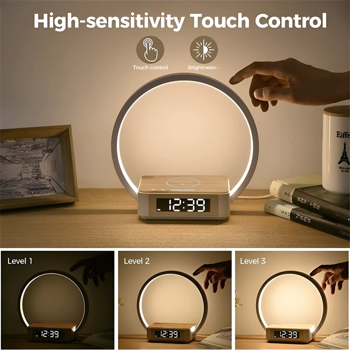 Wireless Charging Table Lamp, 3-in-1 Touch Bedside LED Lamp with Qi Wireless Charger and Alarm Clock for Desk & Nightstand