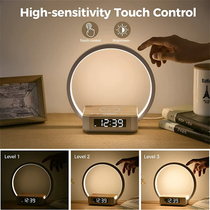 Wireless Charging Table Lamp, 3-in-1 Touch Bedside LED Lamp with Qi Wireless Charger and Alarm Clock for Desk & Nightstand