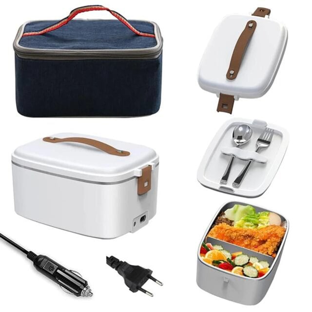 Electric Lunch Box, 1.8L Portable Food Heater with 110V and 12V/24V Car Plug, Cutlery and Bag for Office & Truckers