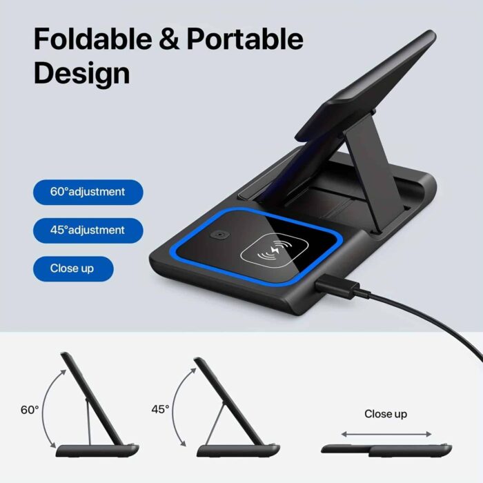 3-in-1 Wireless Charging Station, Foldable Magnetic Charger for iPhone, Apple Watch and AirPods for Desk, Nightstand & Travel
