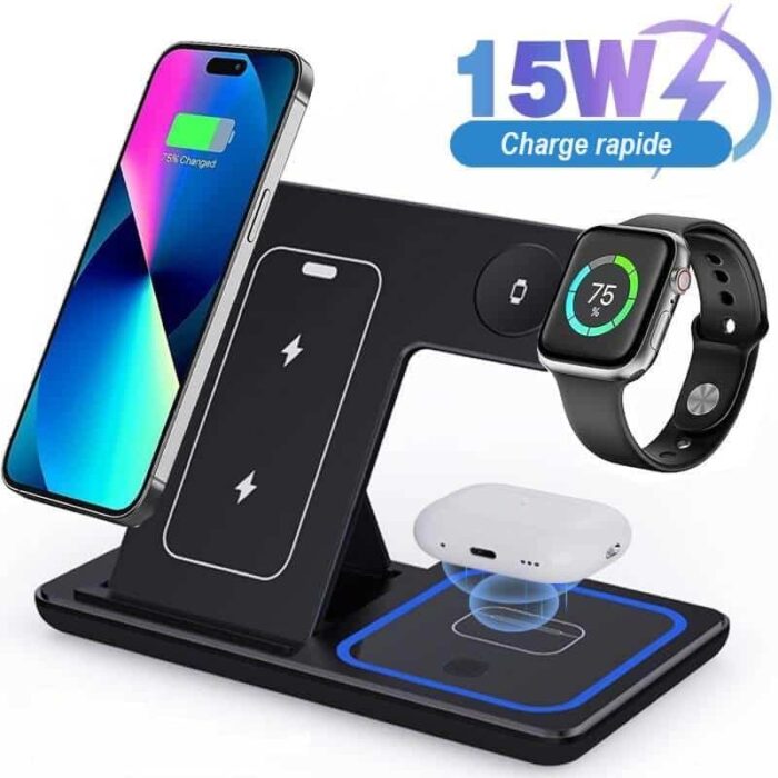 3-in-1 Wireless Charging Station, Foldable Magnetic Charger for iPhone, Apple Watch and AirPods for Desk, Nightstand & Travel