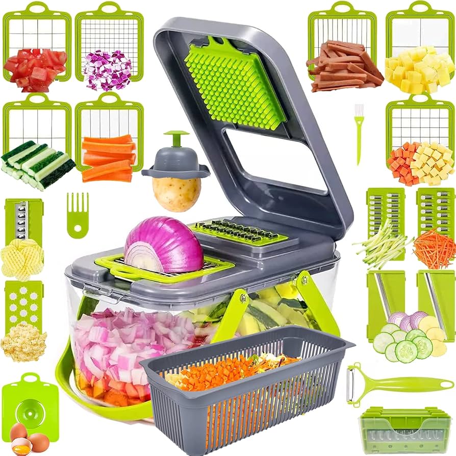 18-in-1 Multi-Blade Vegetable Slicer with Tray, Mandoline Chopper, Grater and Julienne Cutter Set with Hand Guard