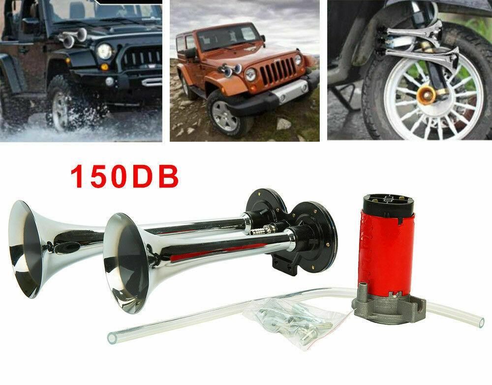 Dual Trumpet Air Horn, 150dB Loud Metal Train Horn Kit with Compressor for Trucks, Cars and Boats, Weather-Resistant
