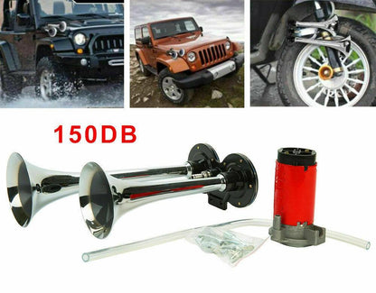 Dual Trumpet Air Horn, 150dB Loud Metal Train Horn Kit with Compressor for Trucks, Cars and Boats, Weather-Resistant
