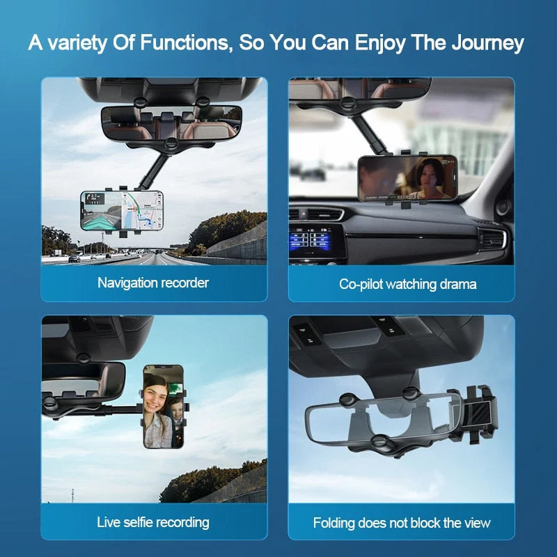 Rearview Mirror Phone Holder, 360-Degree Adjustable Car Mount for Hands-Free GPS, Calls and Music While Driving