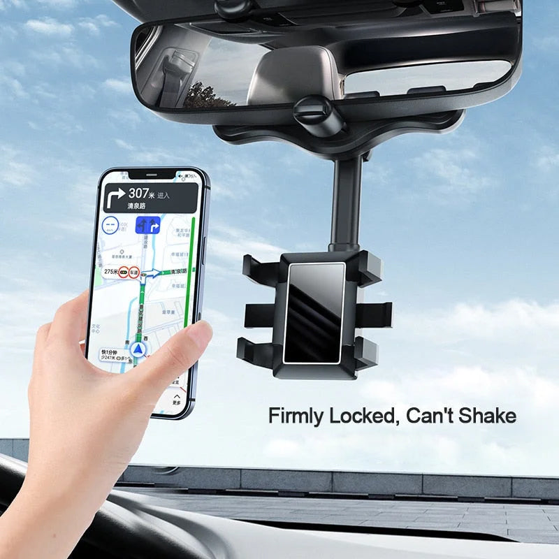 Rearview Mirror Phone Holder, 360-Degree Adjustable Car Mount for Hands-Free GPS, Calls and Music While Driving