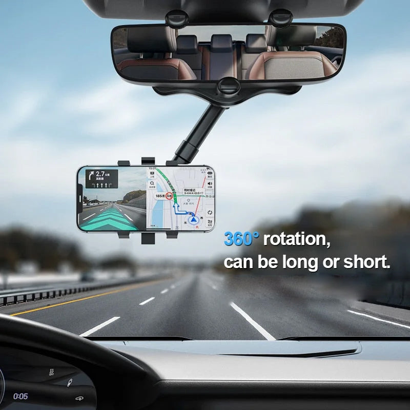Rearview Mirror Phone Holder, 360-Degree Adjustable Car Mount for Hands-Free GPS, Calls and Music While Driving