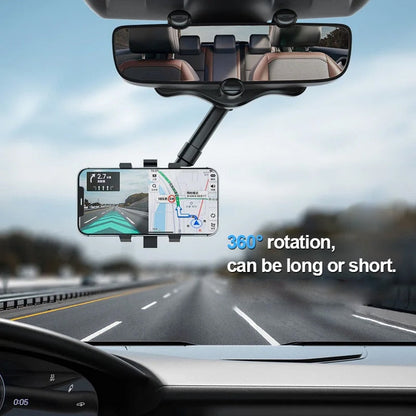Rearview Mirror Phone Holder, 360-Degree Adjustable Car Mount for Hands-Free GPS, Calls and Music While Driving