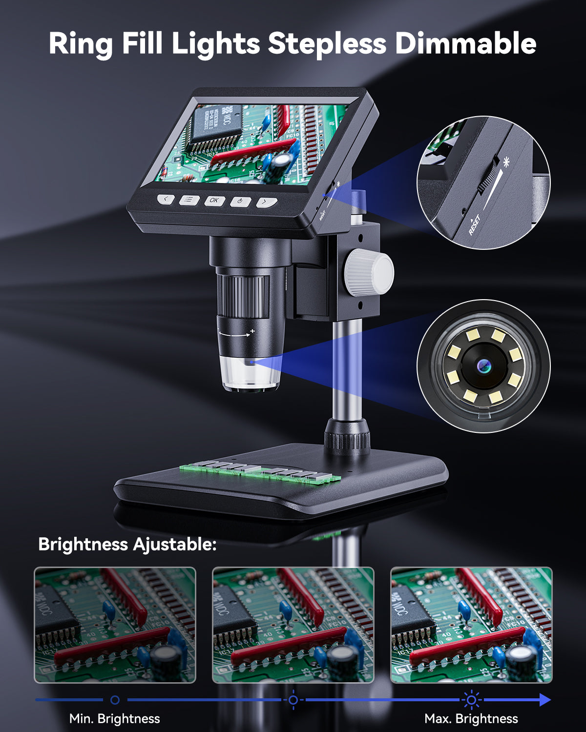 Digital Soldering Microscope, 4.3-Inch 1080P Coin and Circuit Board Microscope with 50X-1000X Zoom and LED Lights