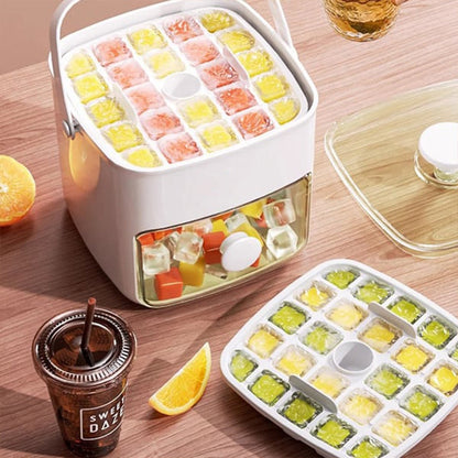 Push-Button Ice Cube Tray, 2-Stage Ice Cube Maker Mold with Lid and Storage Bin, Easy-Release Stackable, 2 Colors