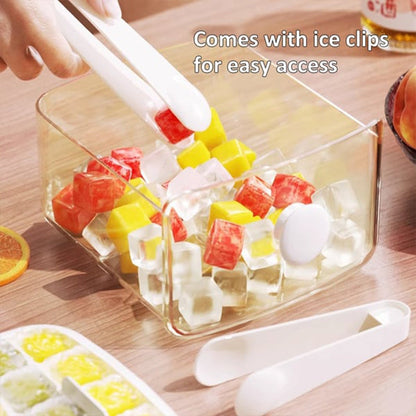 Push-Button Ice Cube Tray, 2-Stage Ice Cube Maker Mold with Lid and Storage Bin, Easy-Release Stackable, 2 Colors
