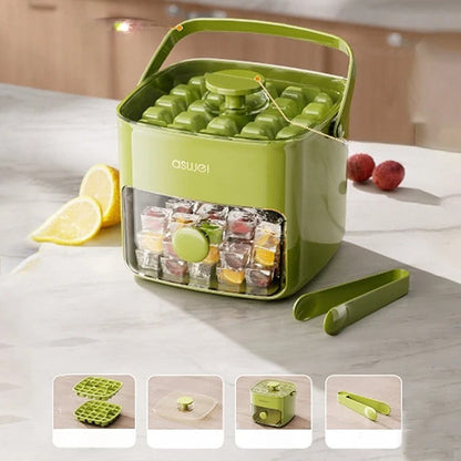 Push-Button Ice Cube Tray, 2-Stage Ice Cube Maker Mold with Lid and Storage Bin, Easy-Release Stackable, 2 Colors