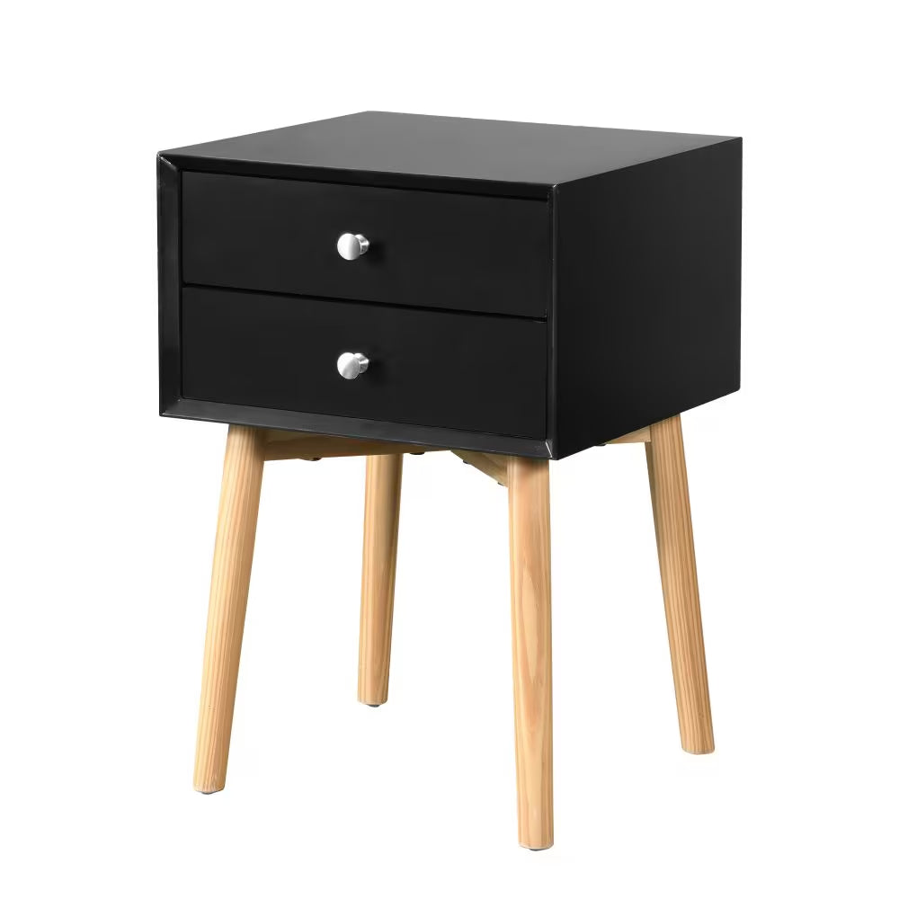 Black nightstand with two drawers and tapered wood legs