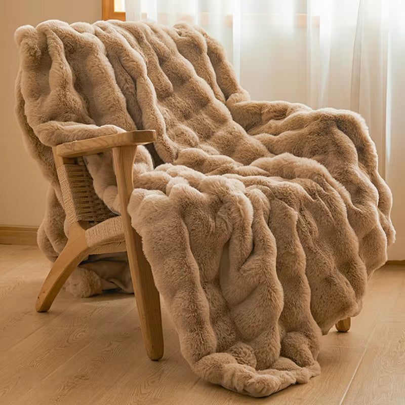 Faux rabbit fur throw with a milk velvet back