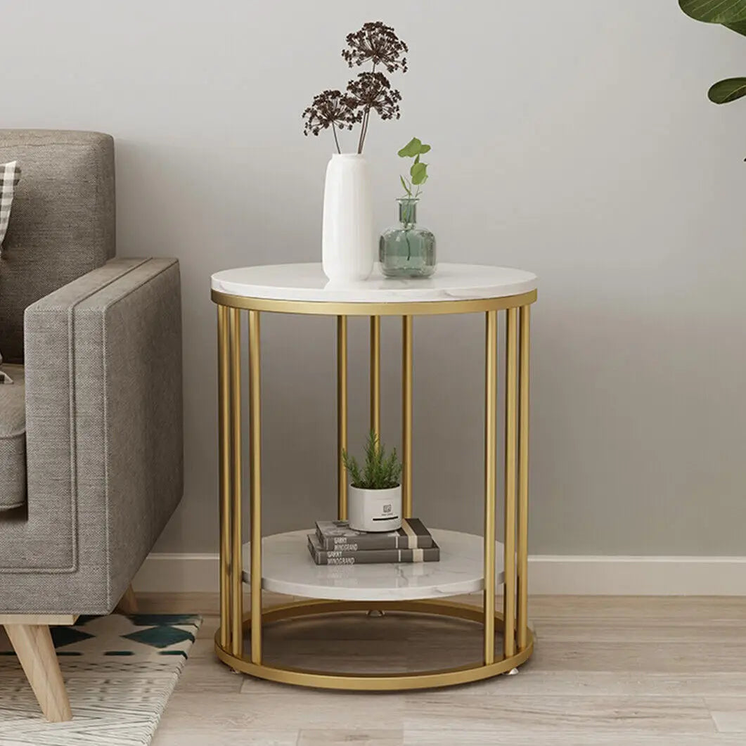 Two-tier round side table with a white stone-look top and gold metal frame