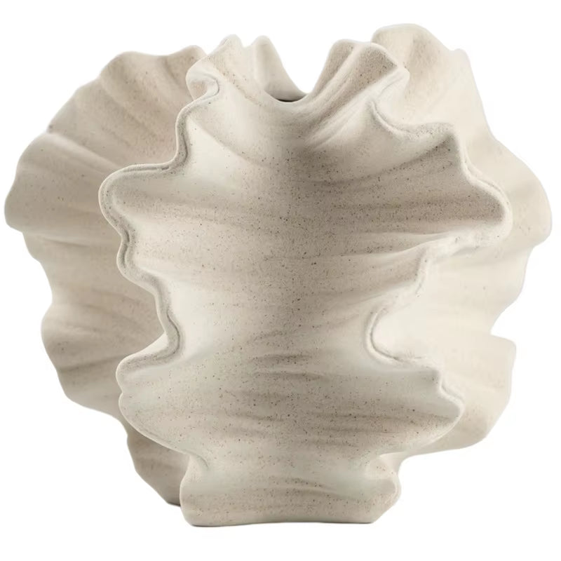 Cream porcelain wave vase with a ruffled petal edge